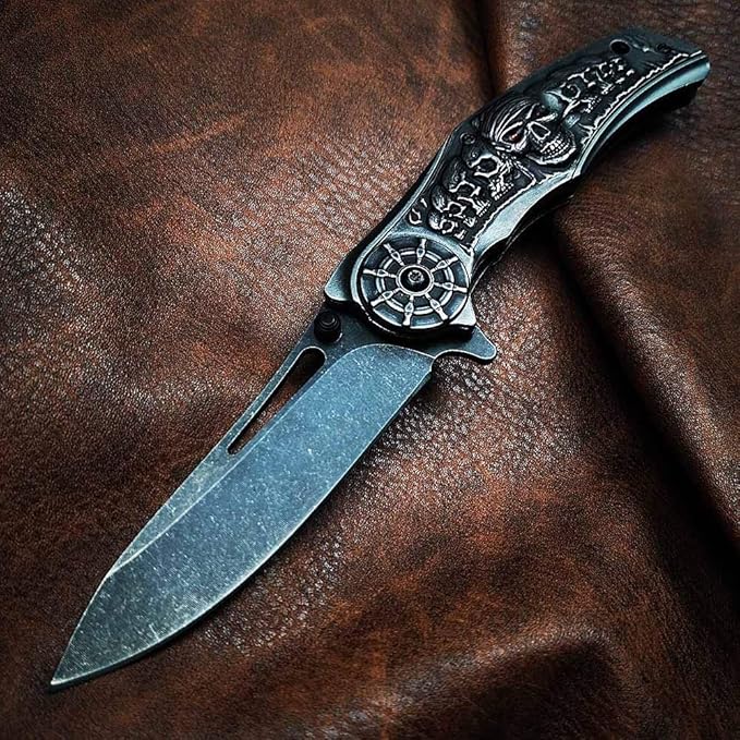 Stonewashed Spring Assist Opening Pocket Knife - Hunting Camping Fishing Tools