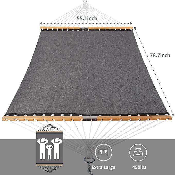 SUNCREAT Quick Dry Hammocks Standing Backyard Hammock with Stand 2 Person Heavy Duty Poolside Hammock with 13.5 ft Wooden Stand Dark Gray
