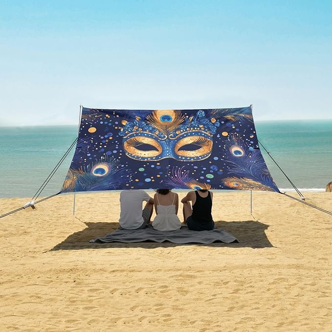 Mardi Gras Peacock Feather Mask Beach Tent Sun Shelter Set UPF50+ UV Protection 10.5 x 9.19 FT Camping Shade Canopy with Sandbags Sand Anchors Carrying Bag and Others