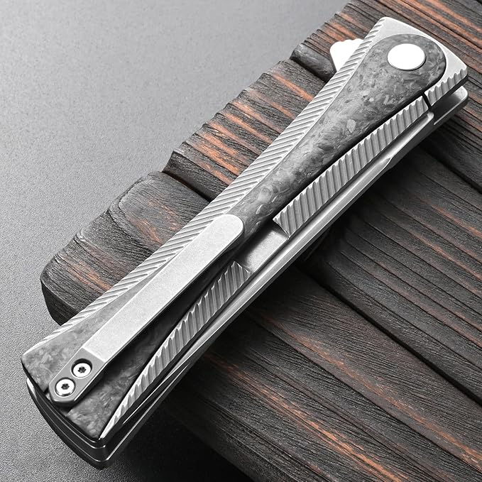Sitivien ST994 Folding KnifeHandmade M390 Brushed Steel Blade Titanium Carbon Fiber Handle EDC Tool Knife for Outdoor Camping Hiking Survival Working(Gray)