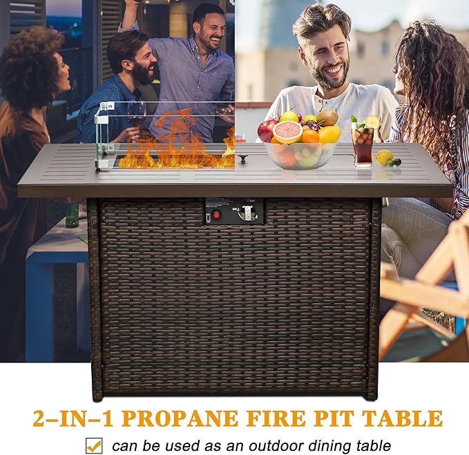 LayinSun 44 Propane Gas Fire Pit Table 55000 BTU Rectangular Fire Pit with Glass Wind Guard for Outside Patio Deck Garden Backyard Brown-Aluminum Top