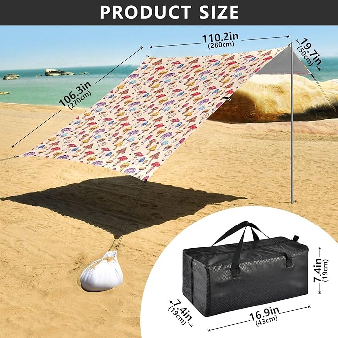 ALAZA Mushroom Rainbow Color Beach Tent Sun Shelter UPF50+ Protection Beach Shade Canopy w/ 4 Sandbags for Outdoor Camping Fishing Backyard Fun Picnic 10x9 ft