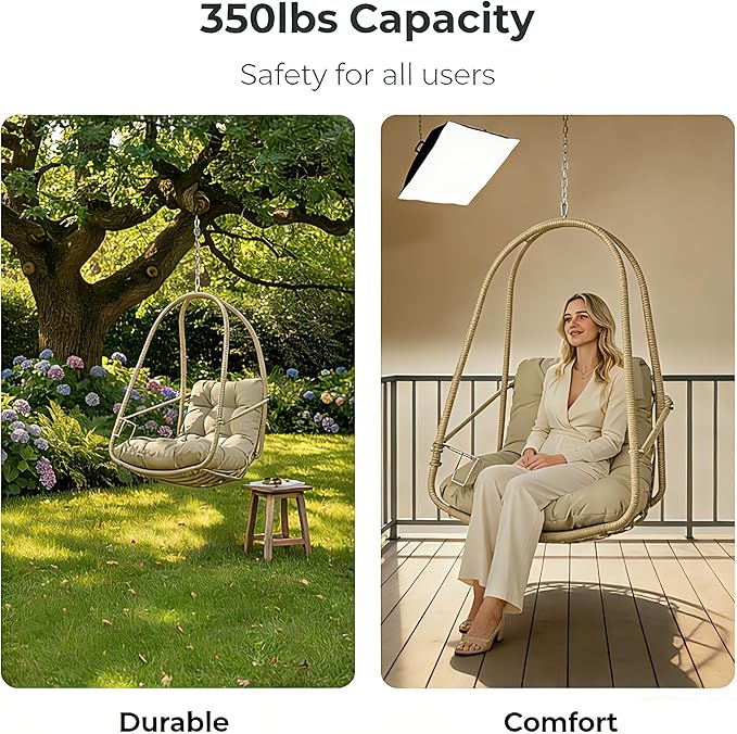 JESE Hanging Egg Chair with 304 Stainless Steel Hook: Indoor Woven Rattan Swing Chair Foldable Design Cup Holder &amp Cushion 350lb Weight Capacity for Balcony Garden PatioKhaki