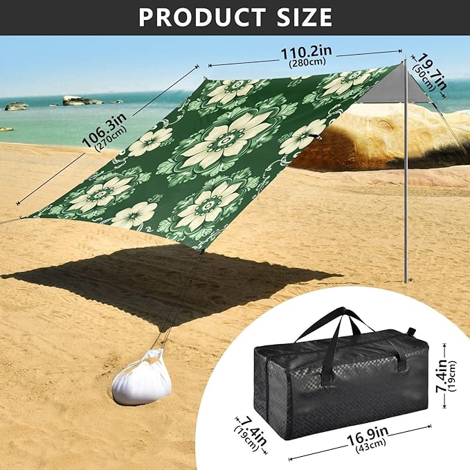 St Patrick's Day Flowers Green Beach Tent Sun Shelter Set UPF50+ UV Protection 10.5 x 9.19 FT Camping Shade Canopy with Sandbags Sand Anchors Carrying Bag and Others