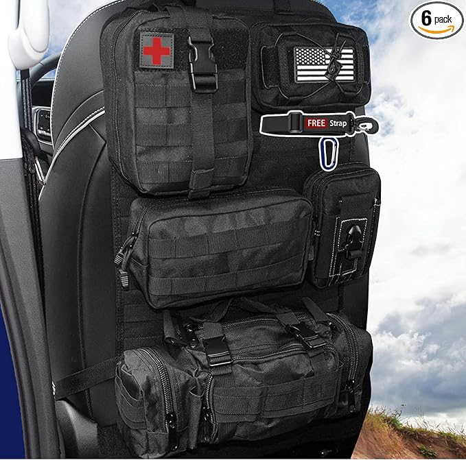 6 Pack Tactical Molle Automotive Seat Back Organizer Tactical Vehicle Panel Organizer with 5 Detachable Molle Pouch for Car Truck Ford Jeep VehicleUS Flag Patch For Man (5 Pouches)