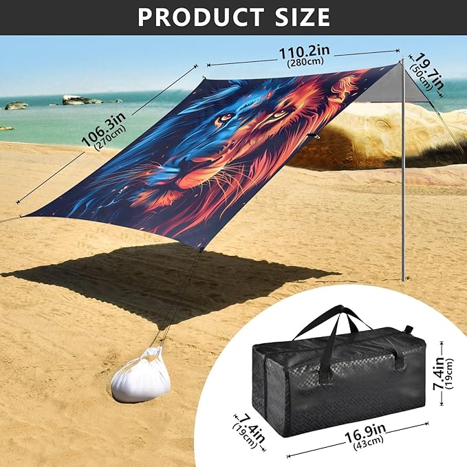 ALAZA Lion Portrait Flame &amp Ice Beach Tent Sun Shelter UPF50+ Protection Beach Shade Canopy w/ 4 Sandbags for Outdoor Camping Fishing Backyard Fun Picnic 10x9 ft