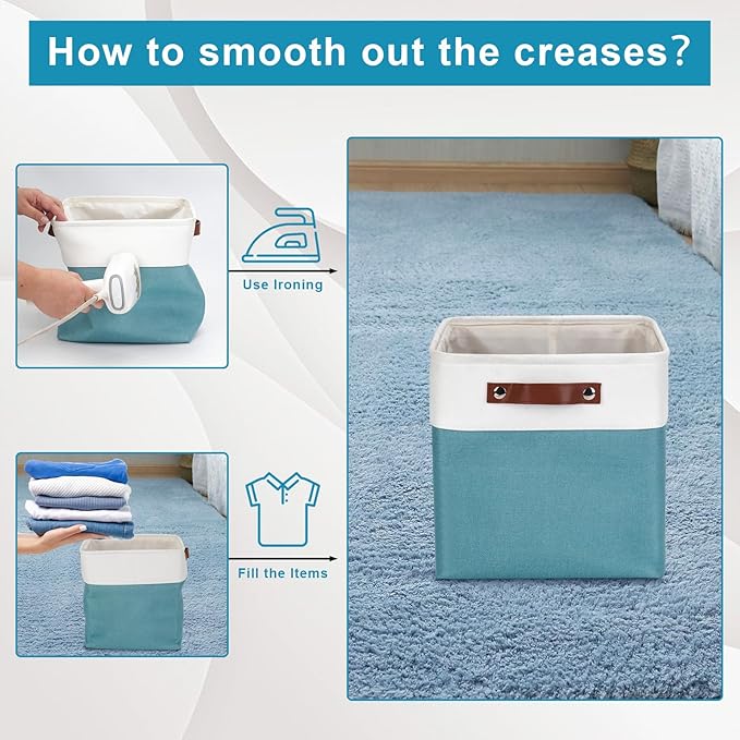Collapsible Fabric Storage Cubes 11x11 Cube Storage Bins 4 Pack Closet Baskets Box with Handles for Organizing Shelf Toys Clothes Home Office Nursery (Teal&ampWhite)