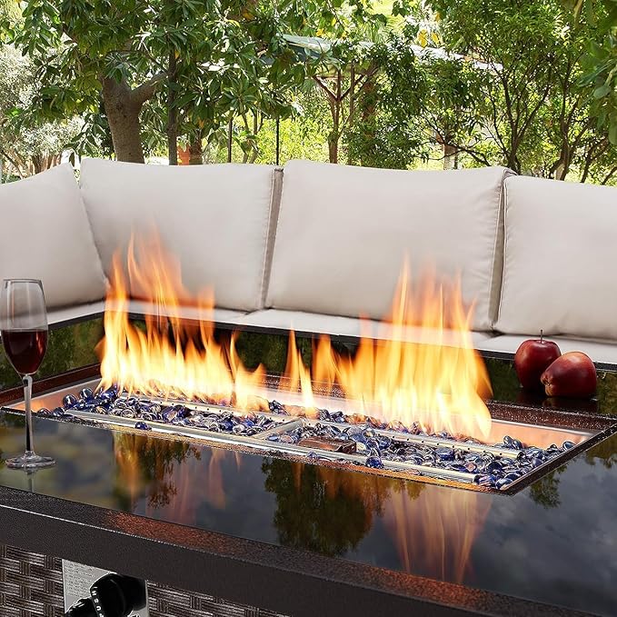 U-MAX 44in Outdoor Propane Gas Fire Pit Table 50000 BTU Auto-Ignition Gas Firepit with Glass Wind Guard Black Tempered Glass Tabletop &amp Blue Glass Rock Brown PE Rattan CSA Certification