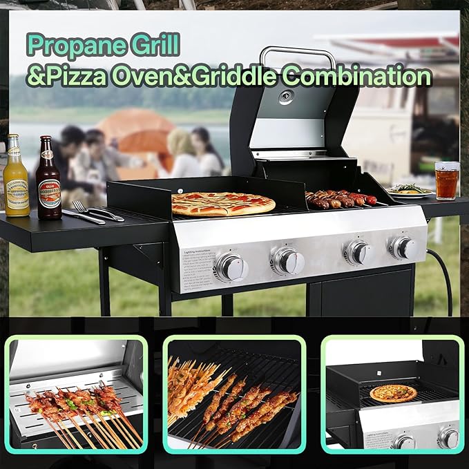 Endark 49200 BTU 4-Burner Multi-Function Stainless Steel BBQ Grill - For Outdoor Cooking Patio Backyard Barbecue Camping - Griddle Combo for BBQFRYING and PIZZA