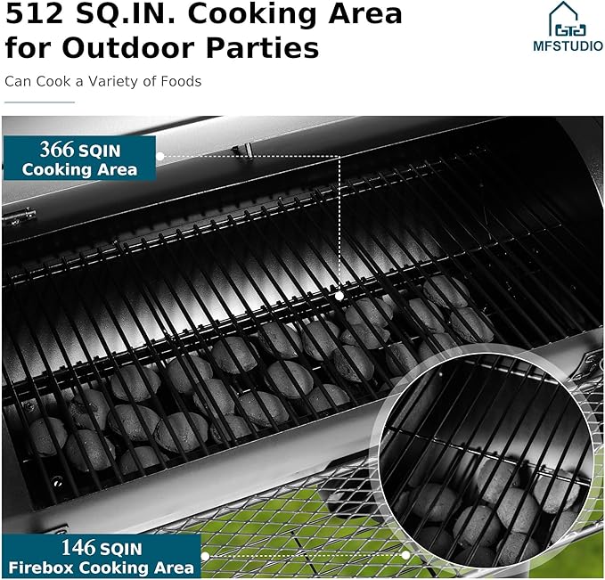 MFSTUDIO Heavy Duty Charcoal Wood Offset Outdoor Smoker Grill Charcoal Grill with Smoker Combo for BBQ Grilling 512 SQ.IN.