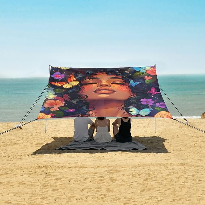 ALAZA Beautiful Black Woman Butterflies Flowers Beach Tent Sun Shelter Portable Canopy Sunshade for Outdoor Camping Picnics Backyard Fun 10x9 ft