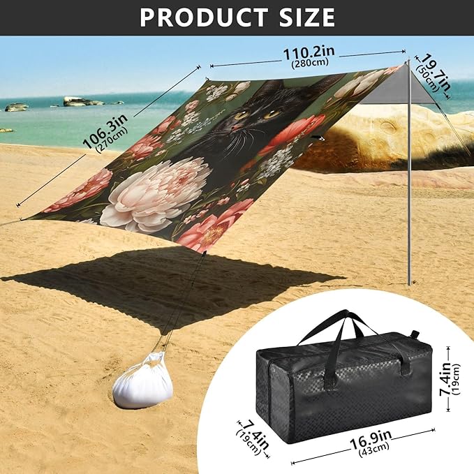 ALAZA Black Cat Peony Flowers Beach Tent Sun Shelter UPF50+ Protection Beach Shade Canopy w/ 4 Sandbags for Outdoor Camping Fishing Backyard Fun Picnic 10x9 ft