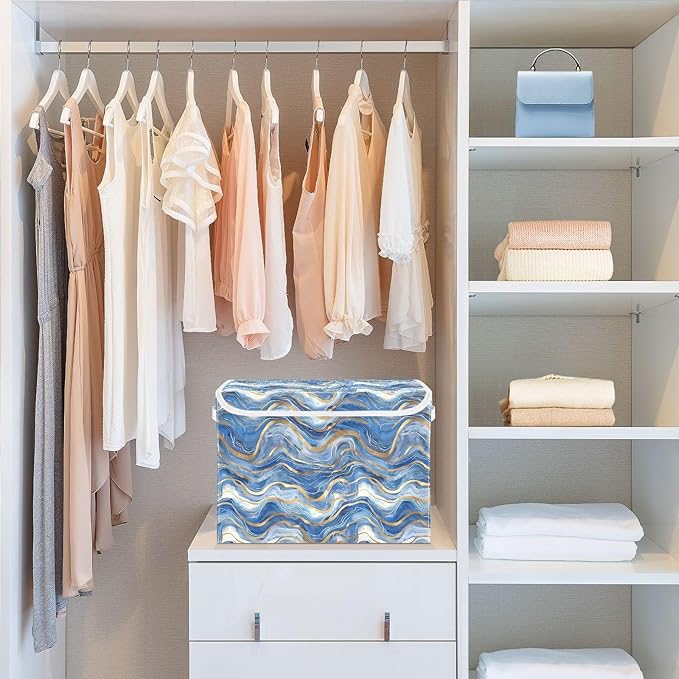 senya Large Storage Bins with Linen Collapsible Foldable Storage Cubes Fabric Closet Organizer Containers Box with Flip-Top Lid Home Bedroom Office 16.7 x 12.6 x 11.8in (Blue Gold)