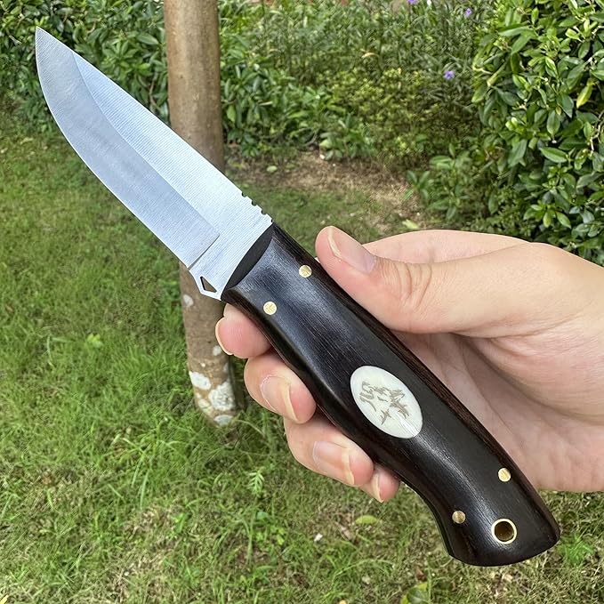 3.54 inches Bowie Knife Full-tang D2 Steel Fixed Blade Ebony Wood Handle Hunting Knife with Leather for Camping Hiking Survival