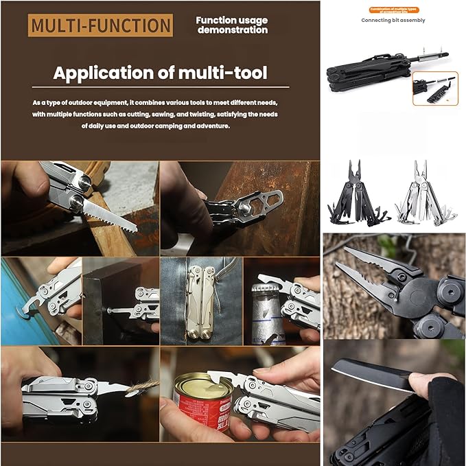 Multitool 15-in-1 Full-Size Lightweight EDC Multi-Purpose Pliers Nylon Bag Camping Knives &amp Tools Tactical Outdoor Gear Mens Gifts Ideas Gifts for Hunters Men who have Everything (Black)