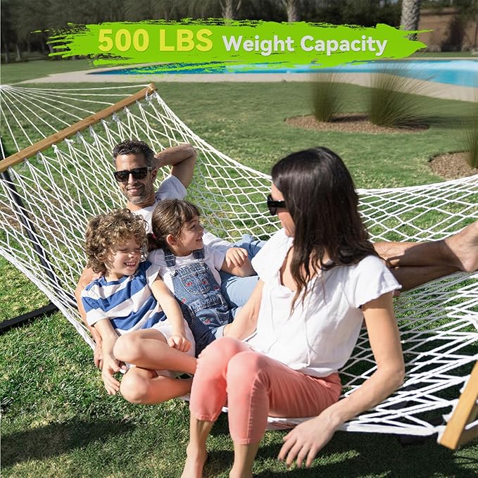 Double Hammock for 2 Person Handwoven Rope Hammock with Spreader Bar Without Stand - Indoor &amp Outdoor Use for Patio Poolside Backyard (White)