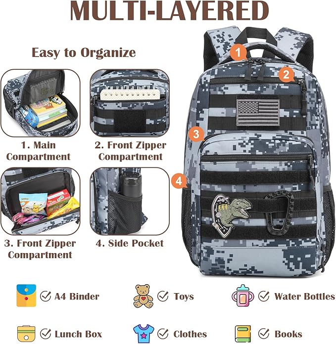 Kids Tactical Backpack Army Molle Bookbag Military Boys Backpack for School Outdoor Camping Black Digital CM