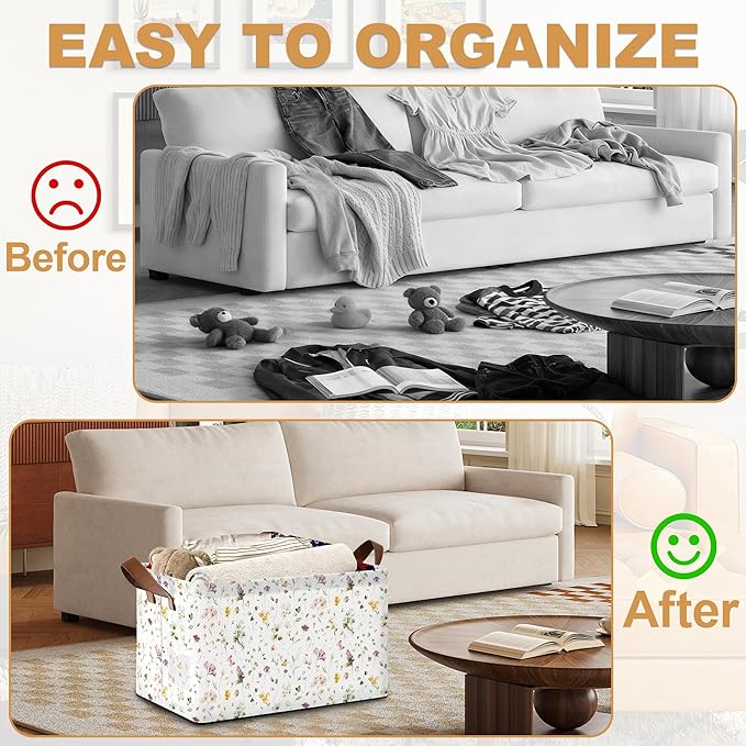 32L Large Storage Bins with Handles Basket Organizer for Shelves Closet Books Laundry &amp Home Decor (Meadow Flower)
