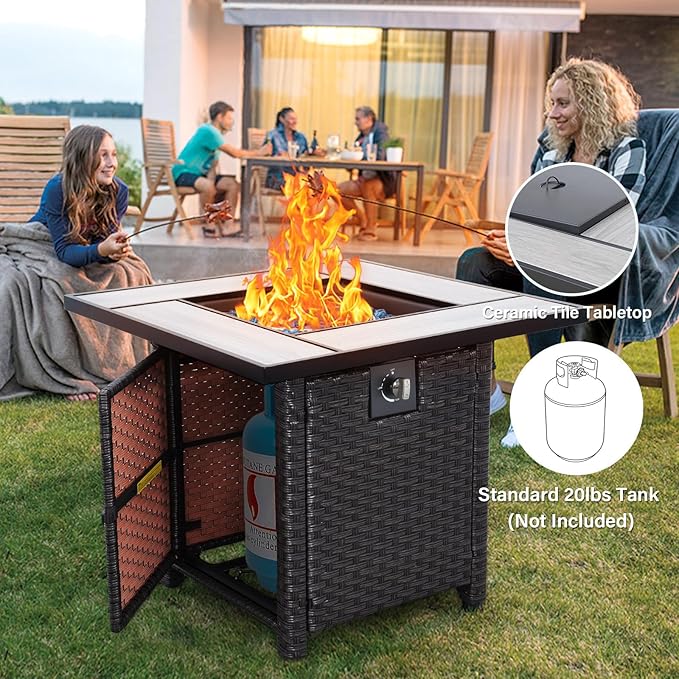 Outdoor Propane Fire Pit 30 Inch PE Wicker Patio Firepit Table with Fire Glass for Outside Parties and Gatherings on Garden Backyard Porch