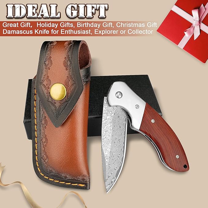 KOMWERO Damascus Pocket Knife Sharp Damascus Steel Knife with Core VG10 Steel Blade Wood Handle Folding Knife with Clip for Men Hunting 60 HRC