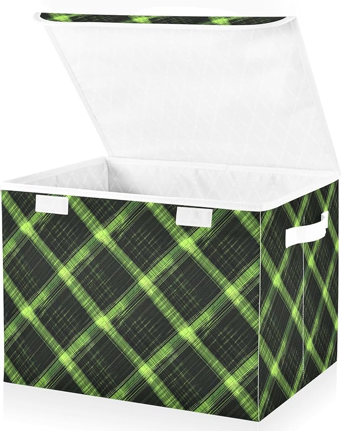 AIXIWAWA Lidded Storage Cube (Green Plaid) Fabric Foldable Closet Bins with Flip Lid and Handles Organizer Basket Container 16.5 x 12.6 x 11.8 IN