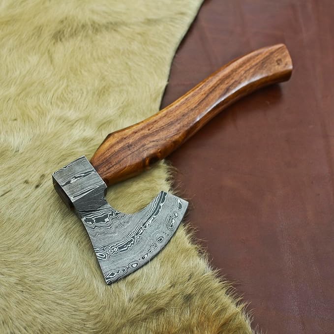 Nesmo - 012 Handmade Damascus Steel 11'' Mini Axe with Wooden Handle for Splitting and Cutting Wood Camping Axe Throwing Axe Vikinng AxeOutdoor Survival &amp Gift for Men