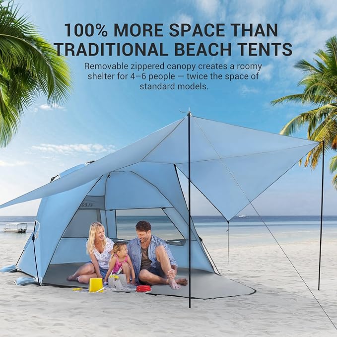 Elegear CumbreX™ Beach Tent with 360° Removable Canopy 4-6 Person Pop Up Sun Shade Shelter UPF 50+ Automated Installation Double Silver Coating Portable Lightweight Beach Cabana for Beach/Outdoor