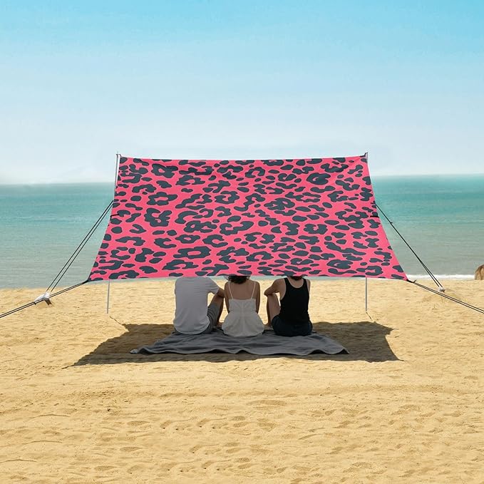 ALAZA Pink Leopard Print Cheetah Beach Tent Sun Shelter UPF50+ Protection Beach Shade Canopy w/ 4 Sandbags for Outdoor Camping Fishing Backyard Fun Picnic 10x9 ft
