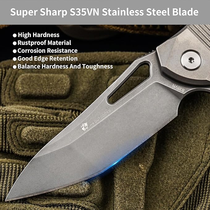 HX OUTDOORS Foldable Pocket Knife with Lock High End S35VN Steel Folding Knife with Non Slip Titanium Alloy Handle(Silver)