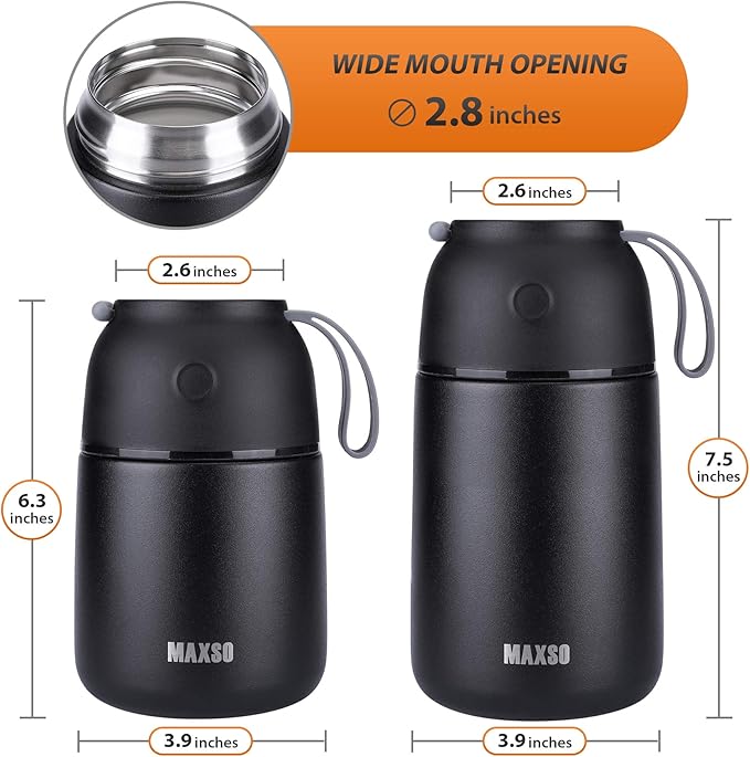 MAXSO 2 Pack Soup Thermo for Hot &amp Cold Food for Kids Adults Vacuum Insulated Food Jar Thermal Lunch Containers Travel Food Flask with Spoon (24 oz17 oz) (Black)
