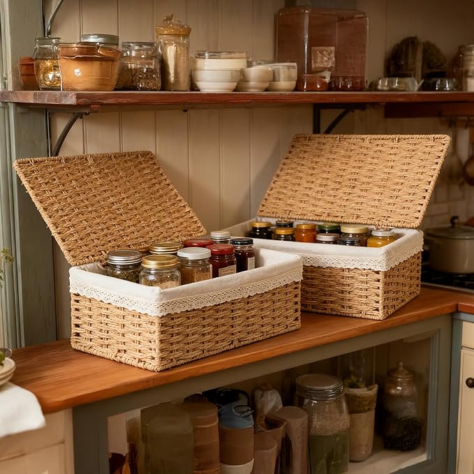 Nonam Large Basket with Lid set of 3 Rattan Divided Baskets Organizer for Shelf Natural Wicker Storage Basket Bins for Closet Boho Shelf Decor Covered Basket Home Storage Container