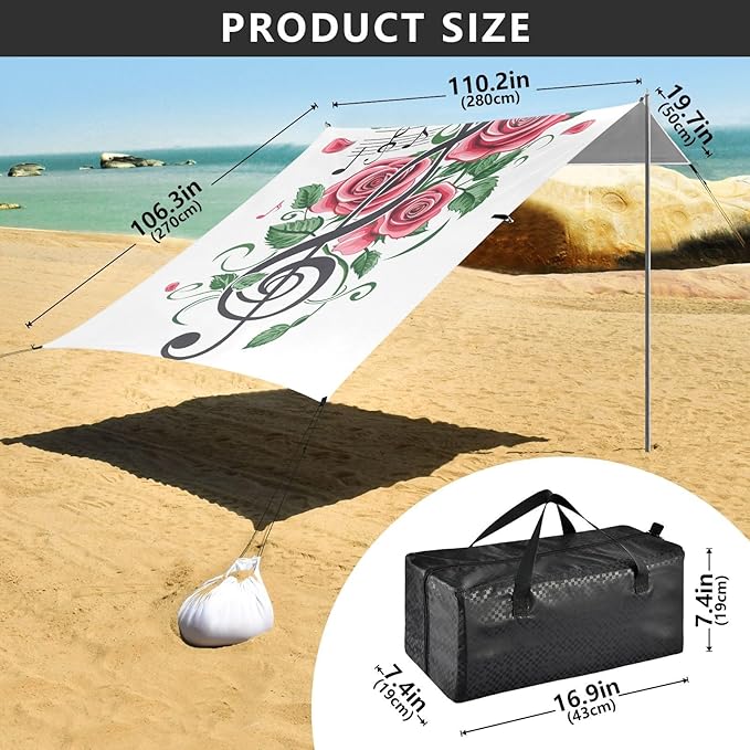 ALAZA Rose Treble Clef and Swirly Staff with Musical Notes Beach Tent Sun Shelter Portable Canopy Sunshade for Outdoor Camping Picnics Backyard Fun 10x9 ft
