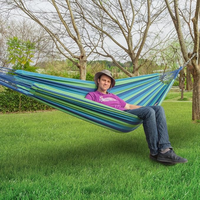 ONCLOUD Extra Long and Wide Double Hammock for Travel Camping Backyard Porch Outdoor or Indoor Use Carrying Pouch Included (Blue/Green Stripes)
