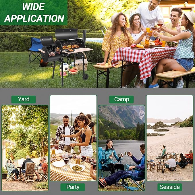 Outvita Charcoal Grill and Offset Smoker Outdoor Patio Barbecue Cooker with Wheels Portable Backyard BBQ Oven with Side Fire Box for Camping Picnic Party