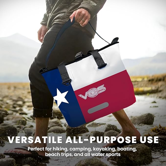 VOS Waterproof Premium Texas Dry Bag – All-purpose Tote Bag with Zip Pocket (Red Blue White) - Keep Your Gear &amp Personal Items Dry During Hiking Camping and Water Sports