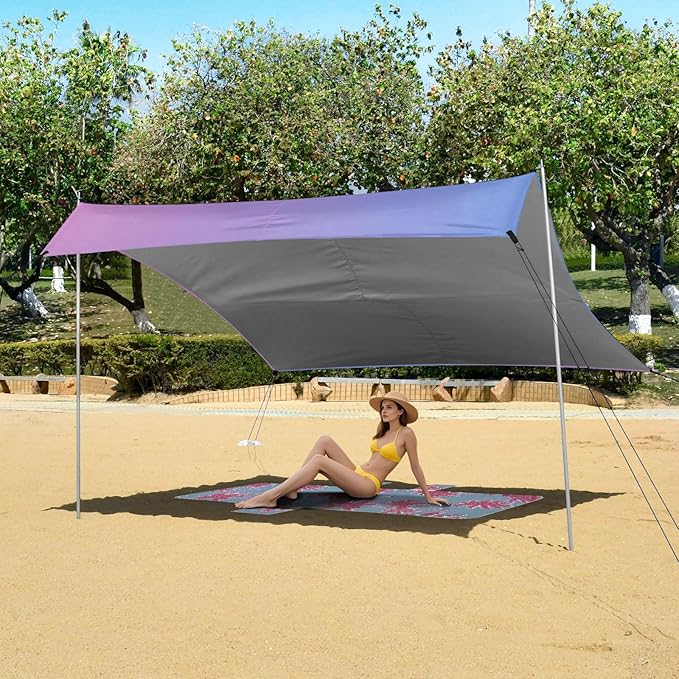 Pink Blue Gradient Stable Beach Tent UPF50+ Water-Resistant Large Portable Sun Shelter with Sandbags Sand Shovel Poles for Camping Trips Fishing Backyard Fun or Picnics