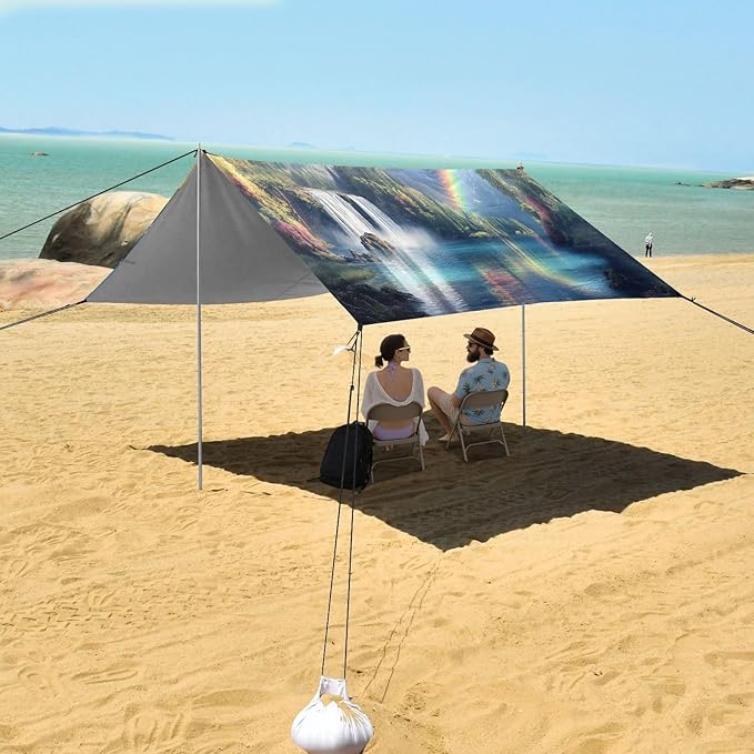 Rainbow Waterfall Landscape Beach Tent Sun Shelter Set UPF50+ UV Protection 10.5 x 9.19 FT Camping Shade Canopy with Sandbags Sand Anchors Carrying Bag and Others