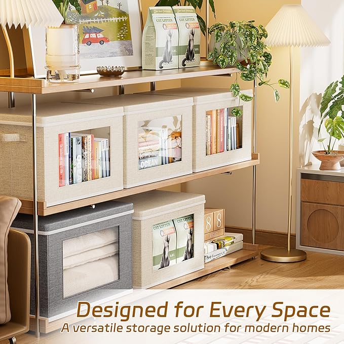 4-Pack Fabric Storage Bins with Lids Collapsible Closet Storage Bins with Clear Window Large Storage Boxes with Handles Closet Organizers for Shelves Wardrobe Grey 17X11.8×11.8