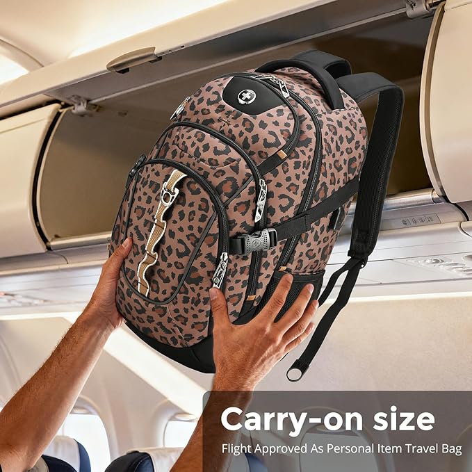 Swissdigital Laptop Backpack with USB Charging Port Travel Backpack Fits 15.6 inches Computer 31L Backpack for Men and Women Brown Leopard | SD803-103
