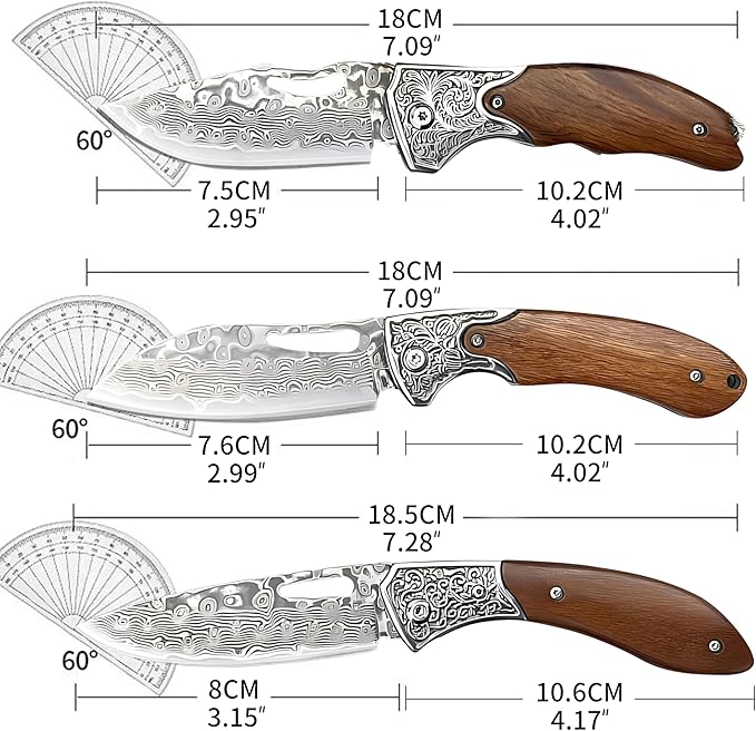 Damascus Steel Folding Knife 7.1 Multi-Purpose Pocket Knife Red sandalwood handle with a sharp blade suitable for cutting meat carving wood and outdoor activities(style C)