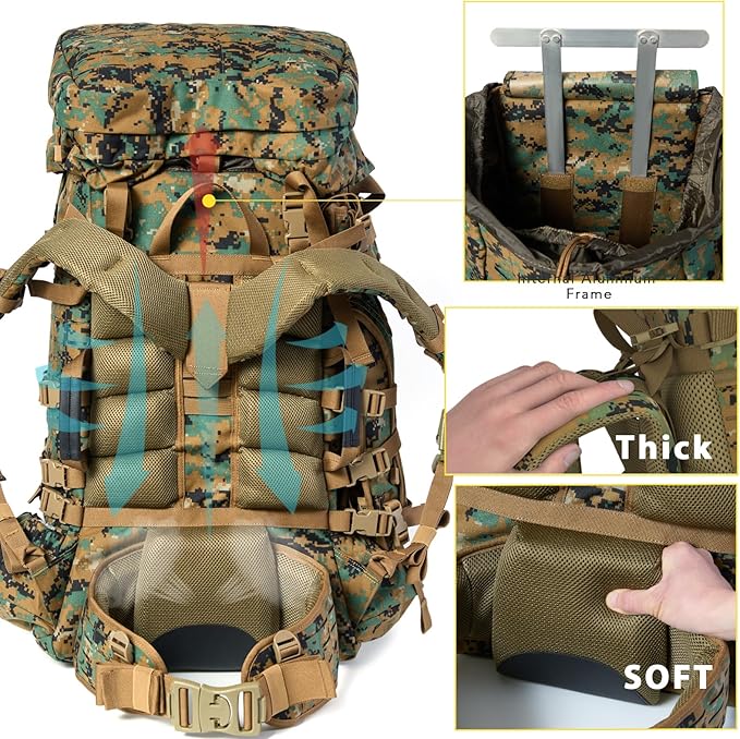 MT Military Army Large Rucksack with Detacheable Assault Backpack Hydration Pack Shoulder Straps and Waist Belt Metal Frame | Detacheable Hydration Pack Shoulder Straps Waist Belt Metal Frame