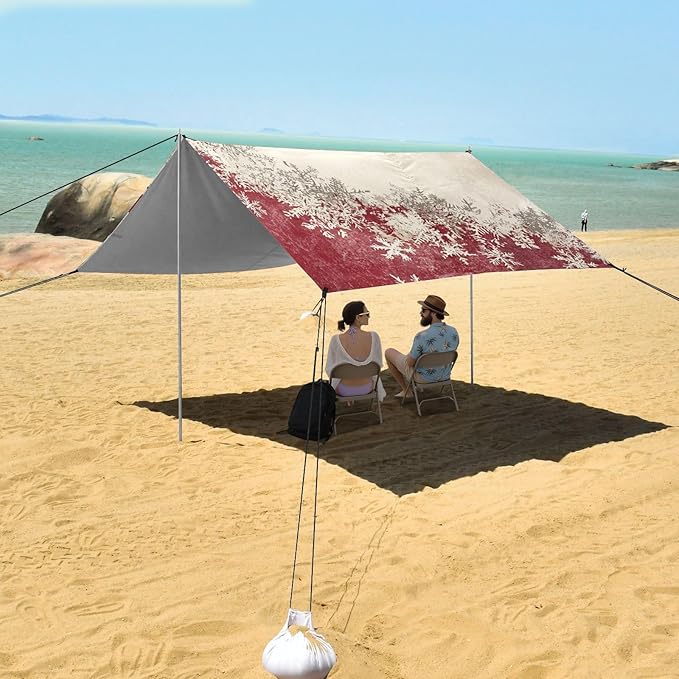 Vintage Elk Santa Claus Snowflake Beach Cabana UPF50+ Easy Setup Large Sun Shelter with Sand Shovel Sandbags for Family Trips Picnics &amp Camping