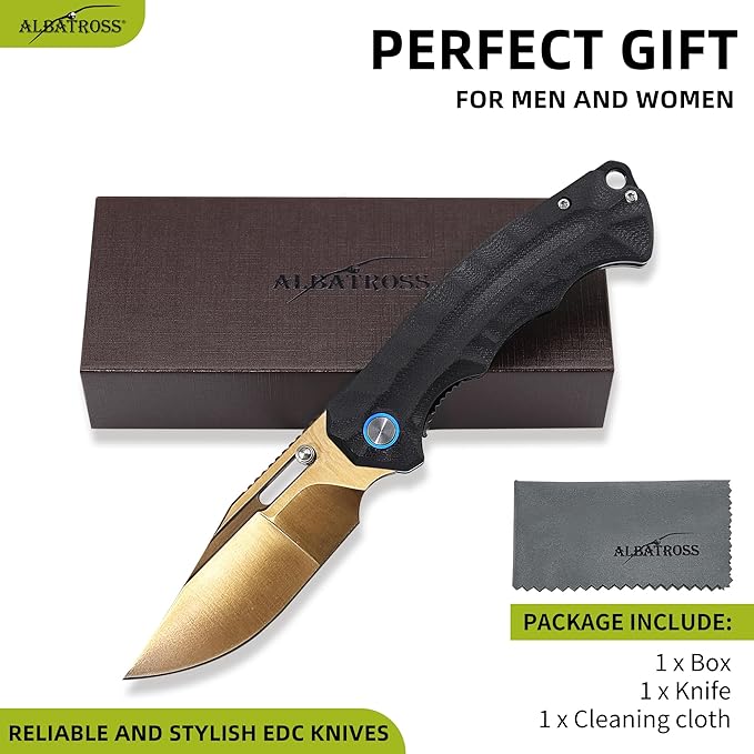 ALBATROSS Black &amp Gold Pocket Knife Unique Father's Day Gifts Gold D2 Blade 2oz Ultra-Light G10 Handle Liner Lock Gift Box for Father's Day Birthday