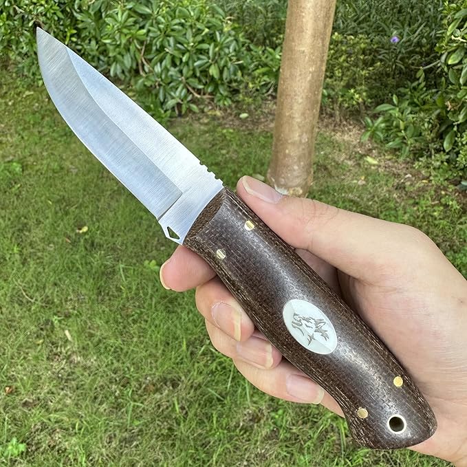 Fixed Blade Knife with Leather 3.54 D2 Steel Survival Knives for Camping Bushcraft Hunting Ergonomic Flax Handle Outdoor Survival Gear Gift for Men