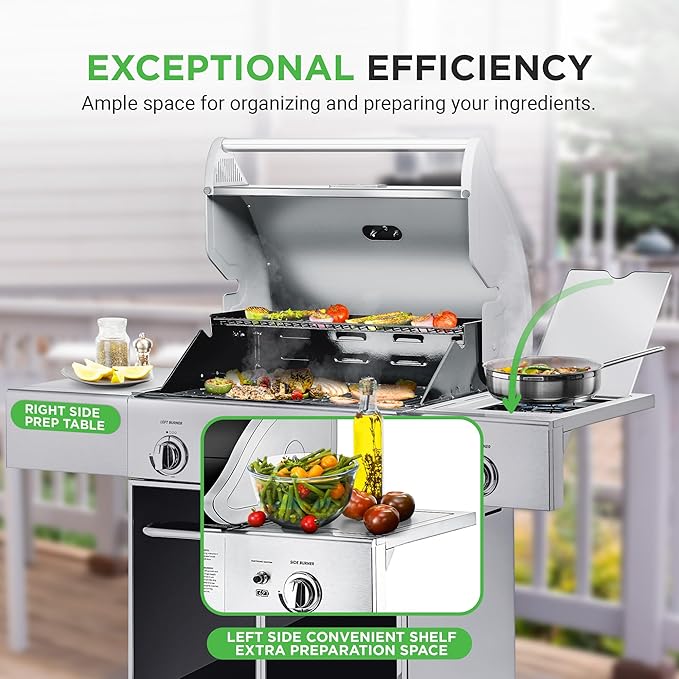NutriChef Heavy-Duty 5-Burner Propane Gas Grill - Stainless Steel 52000 BTU 4 Main Burners + Side Electronic Ignition Built-in Thermometer - NCGRIL2.5