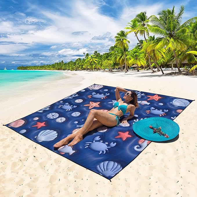 WIWIGO Beach Blanket Waterproof Sandproof Beach Mat 79 X 83/10'x9'for 2-8 Adults Quick Drying Outdoor Picnic Mat Beach Accessories for Travel Camping Hiking