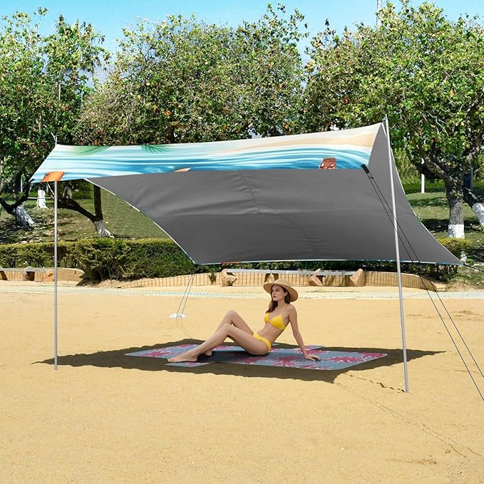 Beach Canopy with Windproof Ropes &amp Sandbags Beach Tent Sun Shade Sun Shelter for Camping Trips Fishing Backyard Fun or Picnics Beach