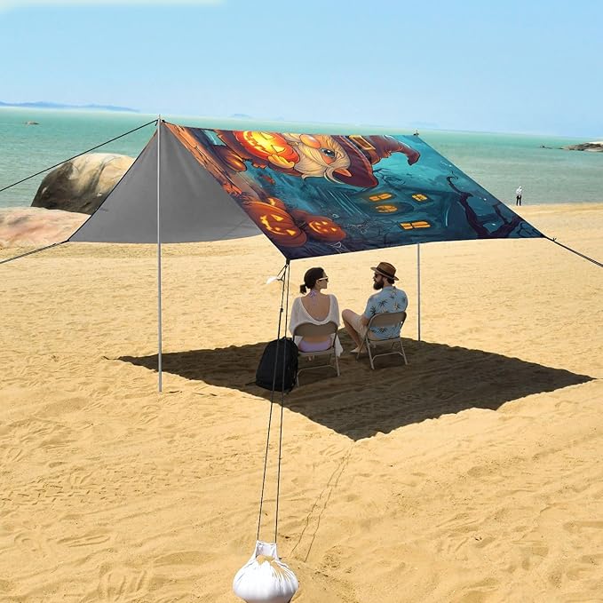 ALAZA Halloween Gnome Beach Tent Sun Shelter UPF50+ Protection Beach Shade Canopy w/ 4 Sandbags for Outdoor Camping Fishing Backyard Fun Picnic 10x9 ft