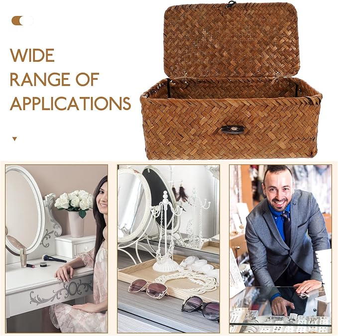 Rattan Basket with Lid Seagrass Baskets with Lid Flat Rattan Storage Bins with Button for Shelf Closet Bedroom