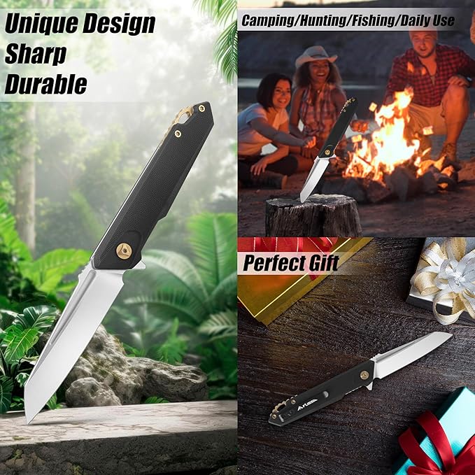 FLISSA 2PCS Folding Knife Set Pocket Knife with D2 Steel Blade G10 Handle Pocket Clip Lightweight Tactical Knife for Camping Hiking Hunting EDC Daily Use Outdoor Activities(Black)